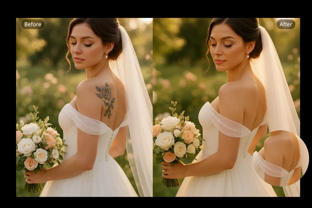 AI Tattoo Removal with Automatic Skin Restoration in Wedding Albums